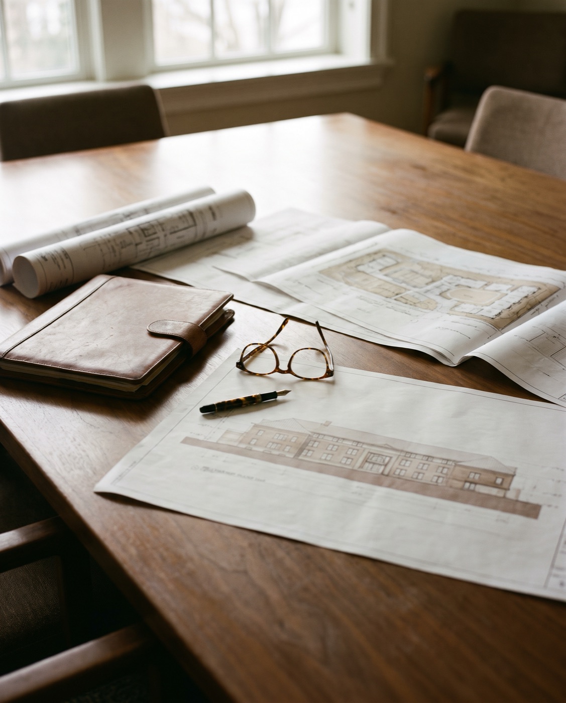 Architectural site plans and elevations on a conference table