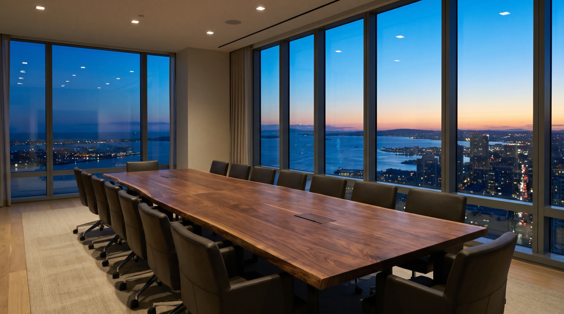 Conference room overlooking the city at dusk