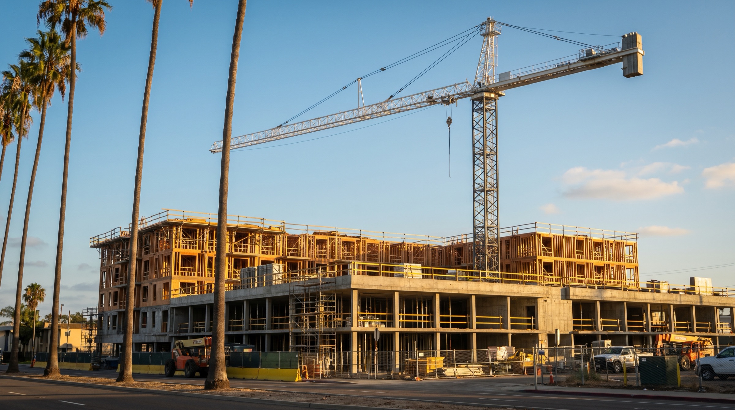 Podium apartment building under construction in San Diego